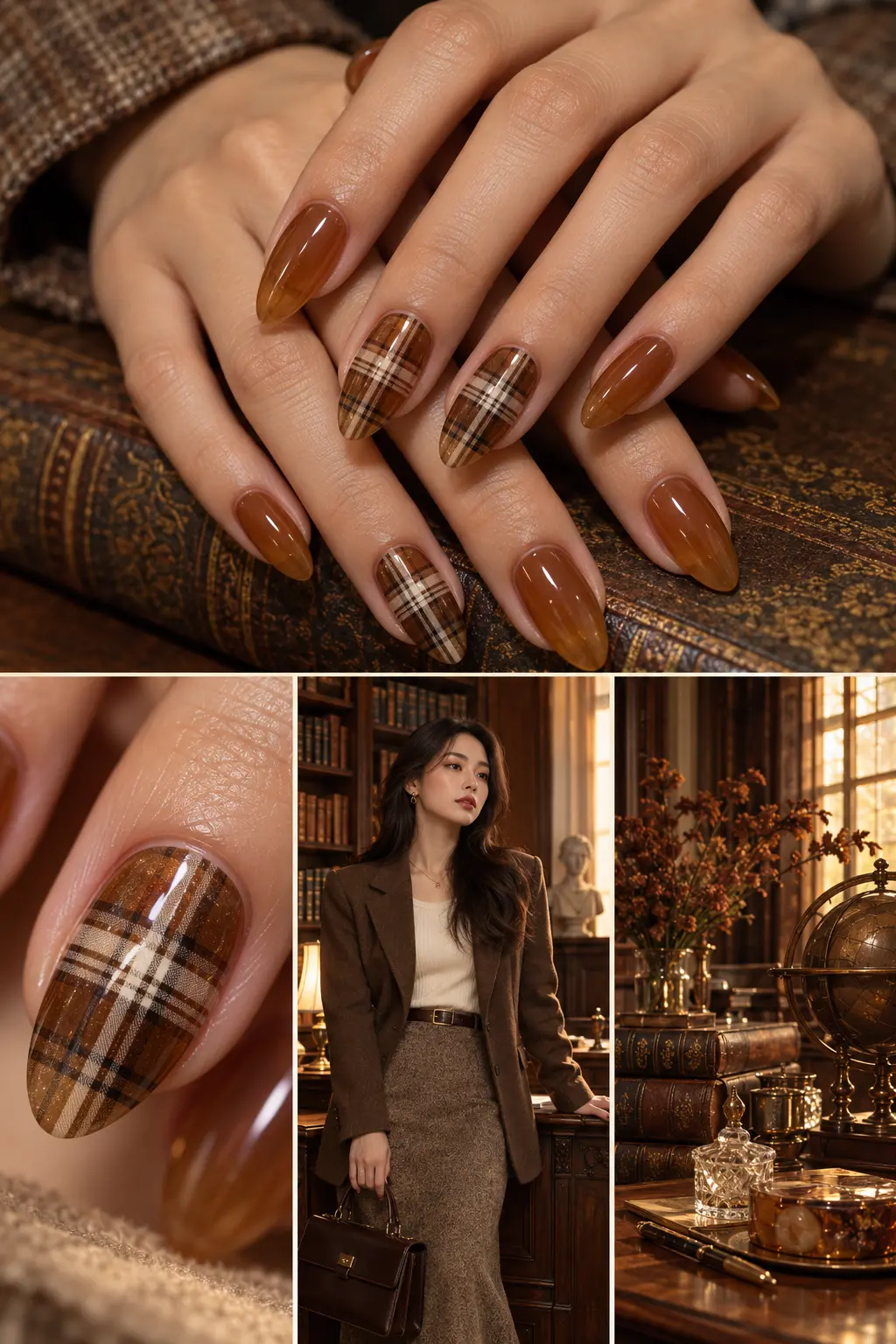 Amber jelly almond nails; plaid on the middle and ring fingers only. — AI-generated concept image