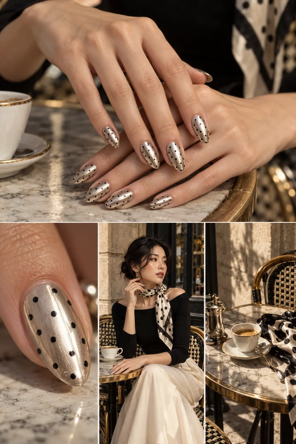 Oval champagne-silver chrome nails with evenly spaced black dots. — AI-generated concept image