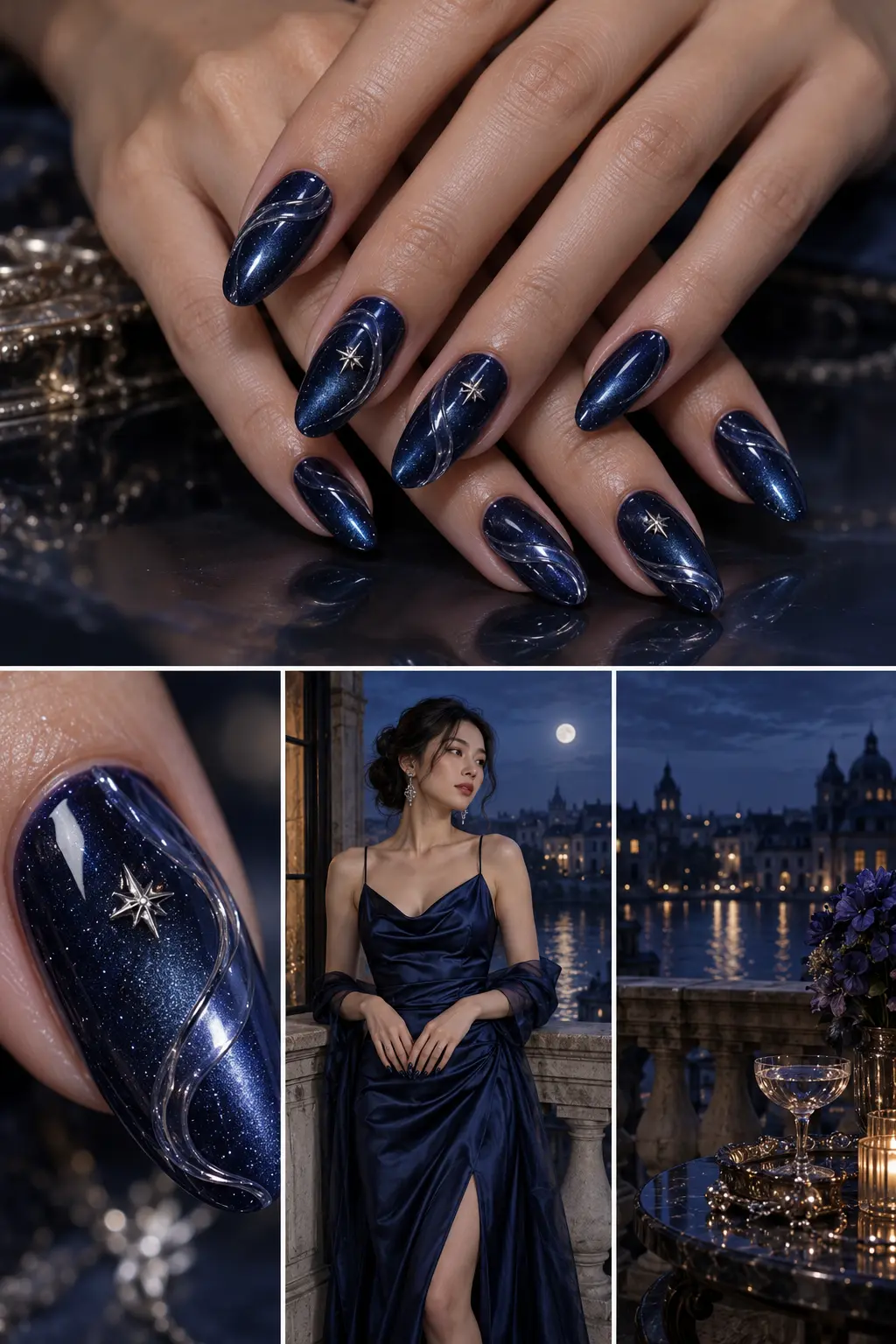 Navy magnetic almond nails with clear sculptural gel and sparse silver stars. — AI-generated concept image