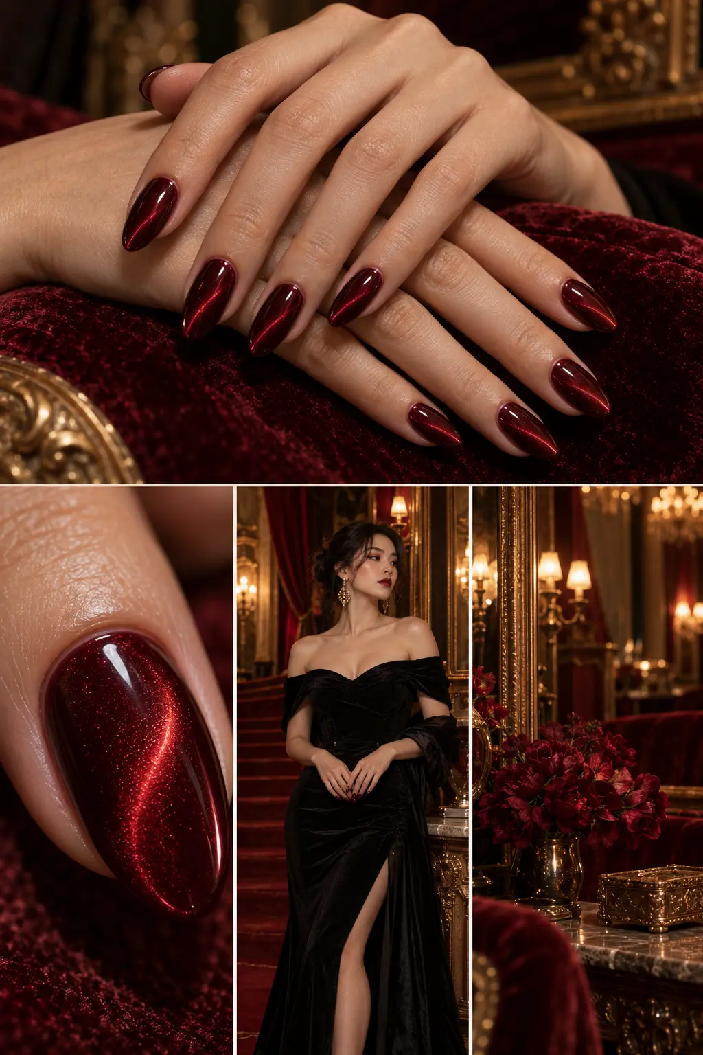 Merlot cat-eye almond nails, without stones or extra ornament. — AI-generated concept image